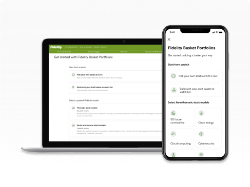 image displays Fidelity Basket Portfolios laptop & mobile app screen